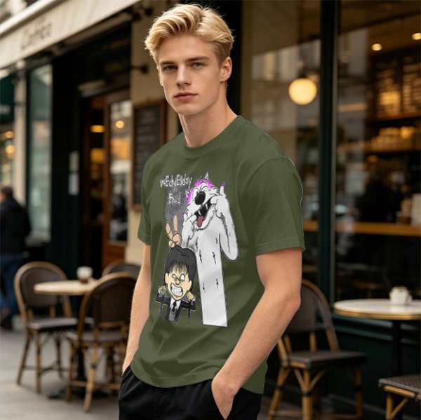 Olive graphic tee with Wednesday and Enid cartoon wolf design