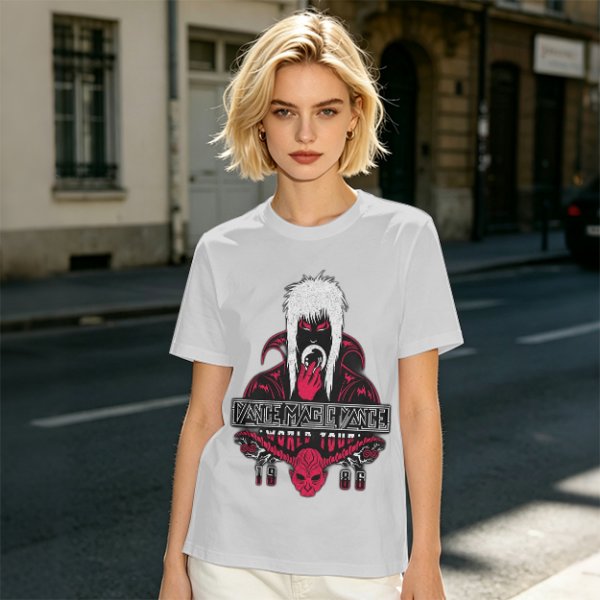 Olive graphic tee with dark fantasy character and tour print