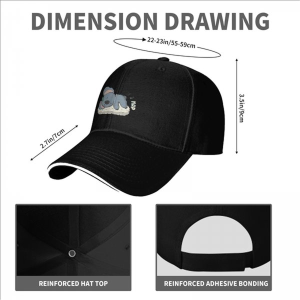 Black baseball cap with sleeping koala and 'nap' graphic