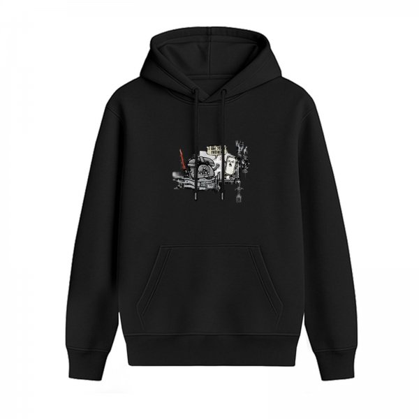 Black hoodie with vintage telephone graphic print