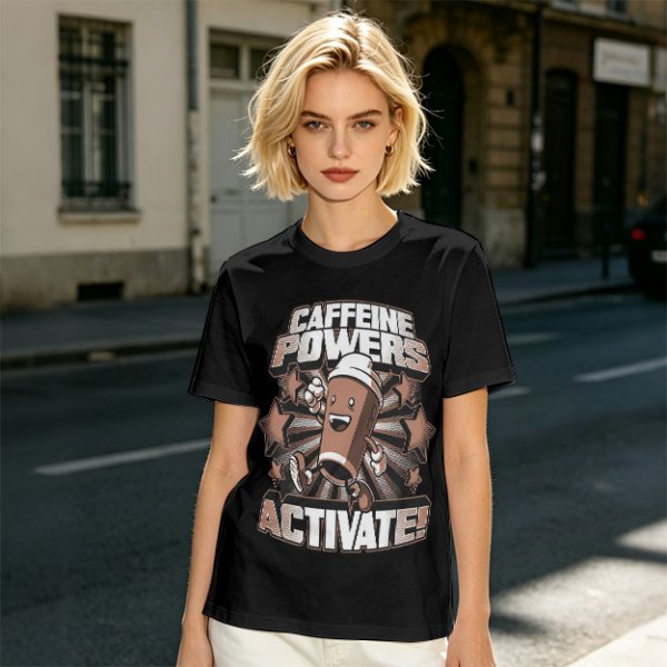 Caffeine Powers Activate! Cartoon Coffee T-Shirt Design