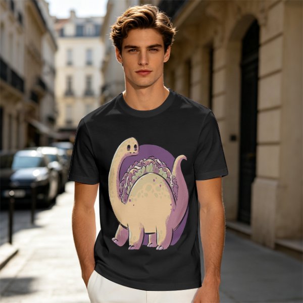 Olive T-Shirt with Cute Brontosaurus Taco Dinosaur Graphic