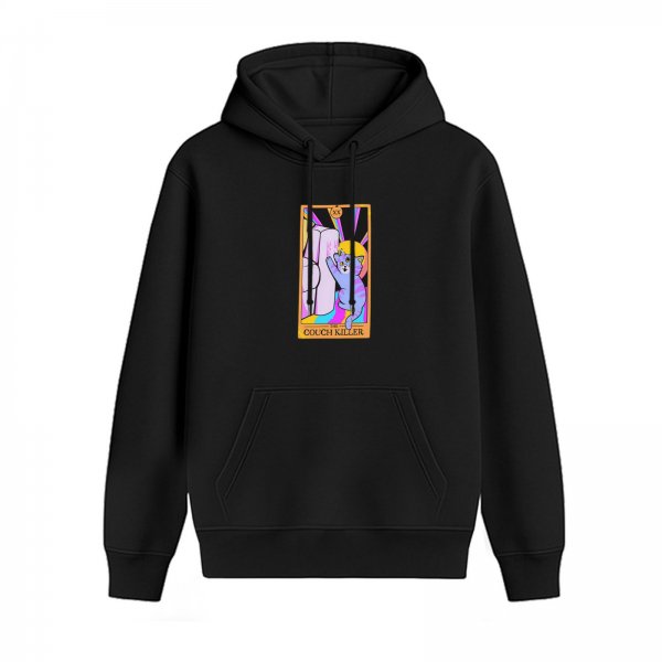 Black Hoodie With Funny Cat Tarot Card Print Design