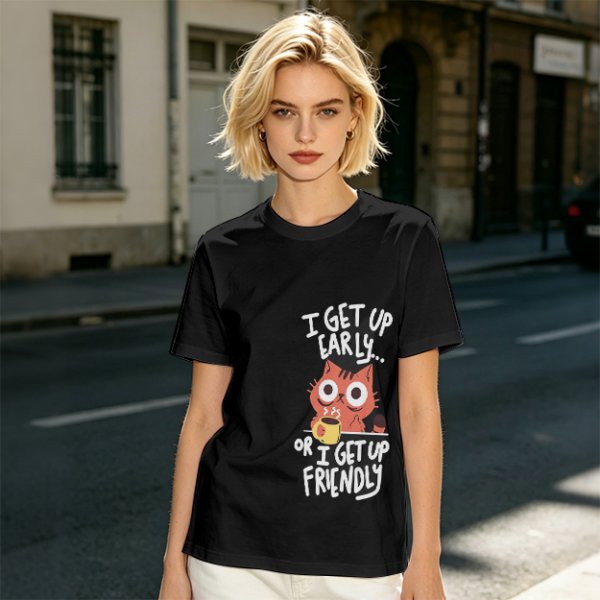 Olive t-shirt with funny cat coffee early morning quote