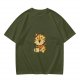 Olive Green T-Shirt with Cute Tiger Holding Coffee Mug Print