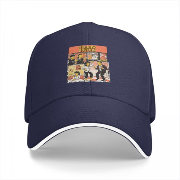 Black baseball cap with Yellow Fiction Simpson-style dance graphic