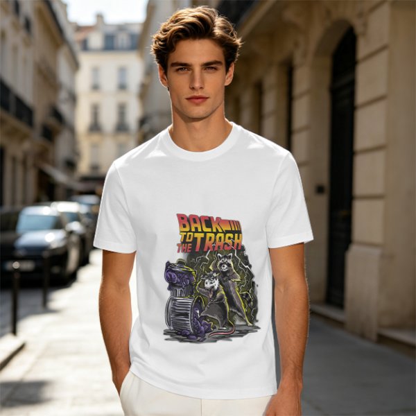 Olive graphic t-shirt with Back to the Trash raccoon design