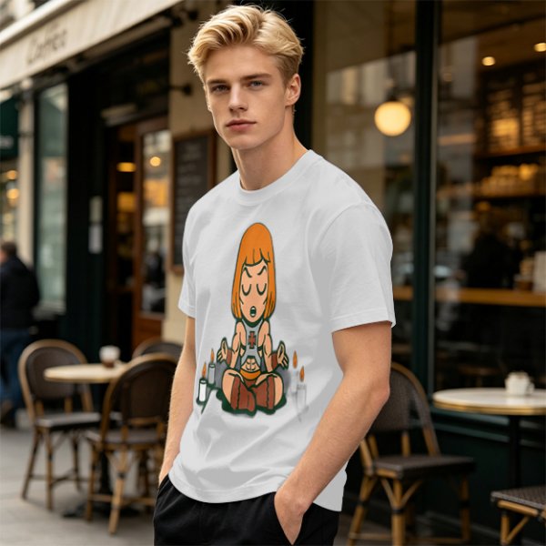 Olive T-shirt with cartoon muscular character meditating surrounded by candles