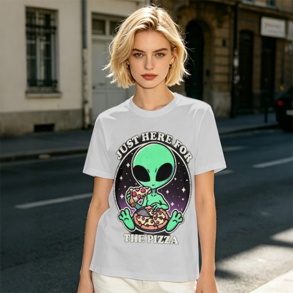 Olive green t-shirt with alien eating pizza text Just Here For The Pizza