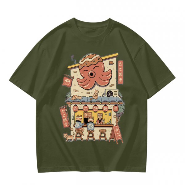 Olive T-Shirt with Octopus Takoyaki Shop Cat Art Print