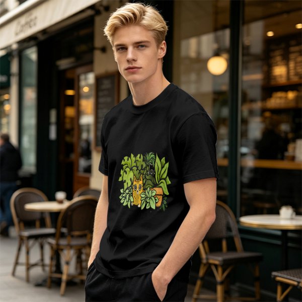 Olive T-Shirt With Playful Cat And House Plants Graphic