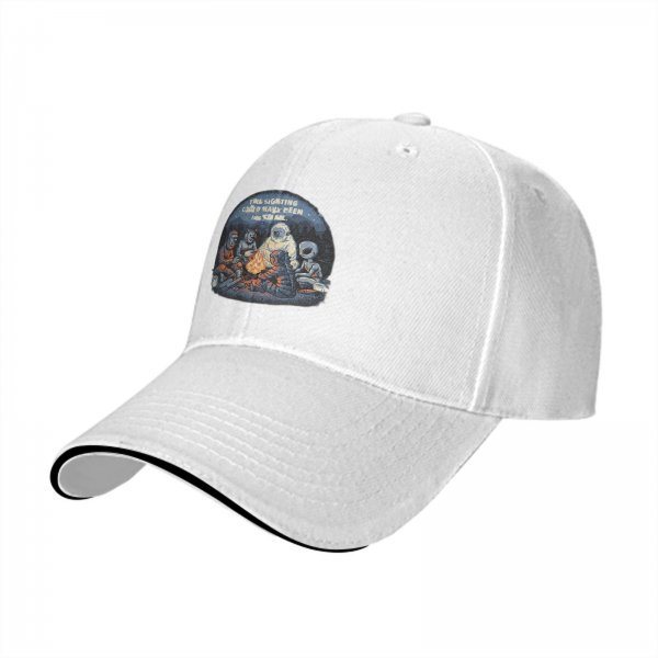 Black baseball cap with cryptid alien campfire graphic design