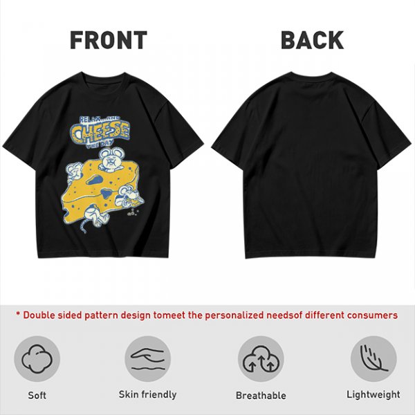 Olive graphic t-shirt with 'Relax and Cheese the Day' and mice on cheese