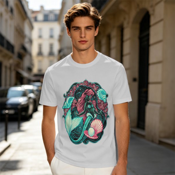 Olive T-Shirt With Mermaid And Seashell Graphic Print