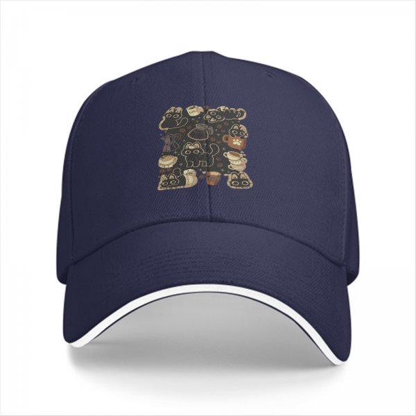 Black Baseball Cap With Cute Cats And Coffee Themed Print