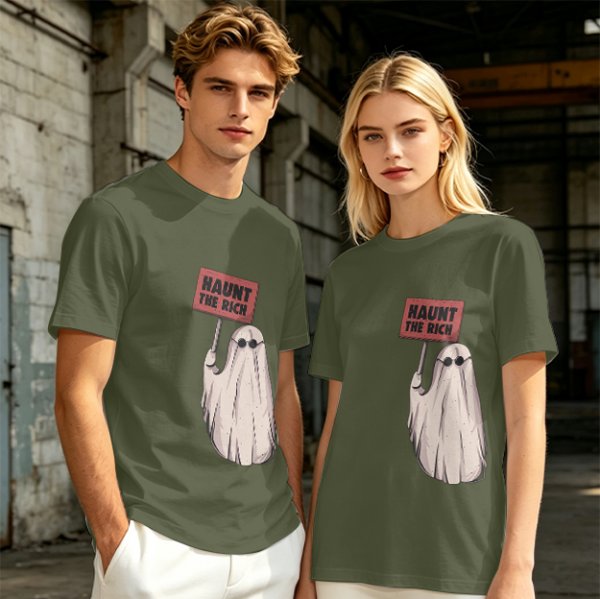 Olive T-Shirt With Ghost Holding 'Haunt The Rich' Protest Sign