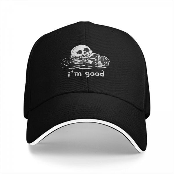 Black baseball cap with skull graphic and 'i'm good' text