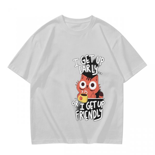 Olive t-shirt with funny cat coffee early morning quote
