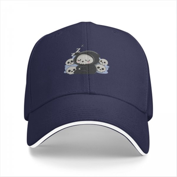 Black baseball cap with cute sleeping grim reaper and skulls graphic