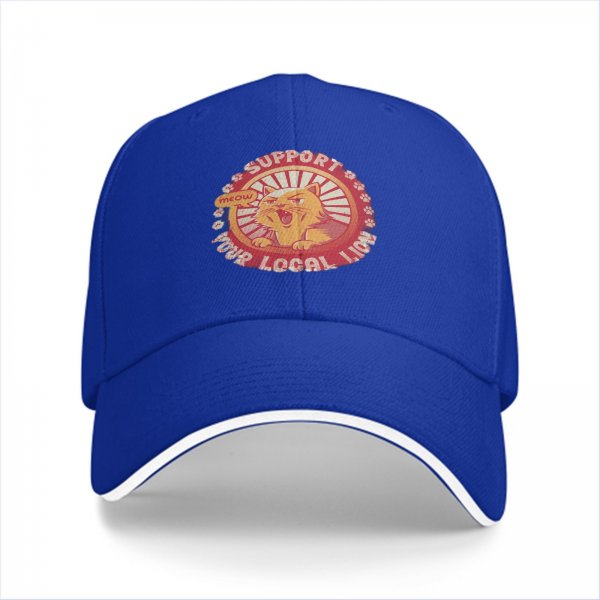 Black baseball cap with 'Support Your Local Lion' cat graphic
