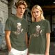 Olive T-shirt with a stressed cartoon cat baking cookies