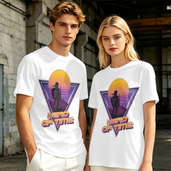 Olive green retro sunset graphic t-shirt with Hero of Time print