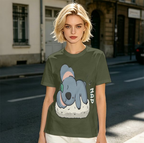 Olive T-Shirt with Sleeping Koala Nap Graphic
