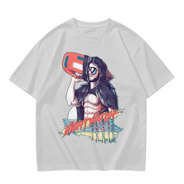 Olive Graphic T-Shirt with Muscular Figure Holding Red Device and Night Watch Text
