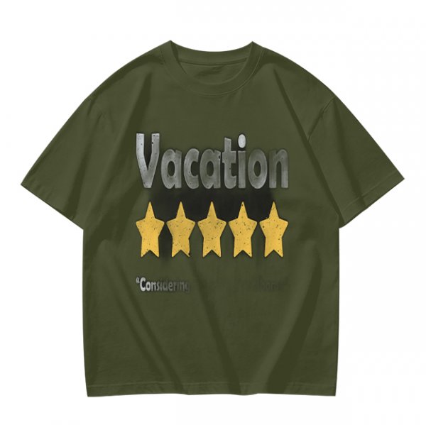 Olive Green T-Shirt With Vacation And Five Star Graphic Print