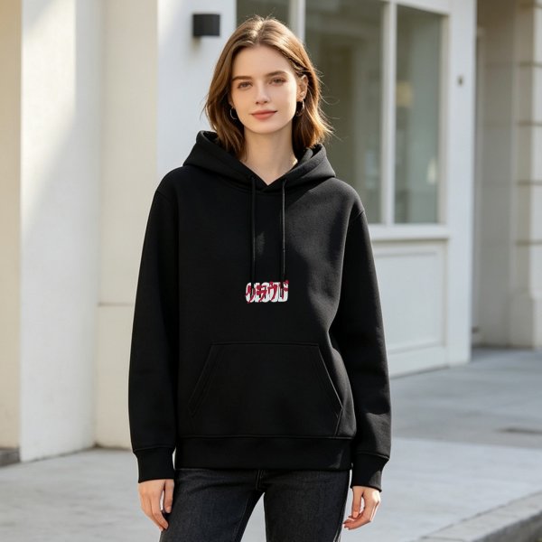 Black hoodie with red and white graphic chest print