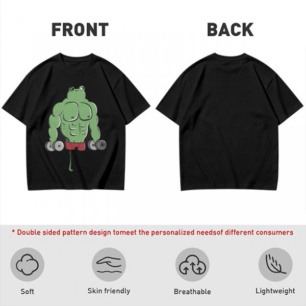 Oversized Army Green T-Shirt With Muscular Frog Lifting Dumbbells Print