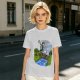 Olive T-shirt with Cartoon Boys Balancing on Log Over Stream