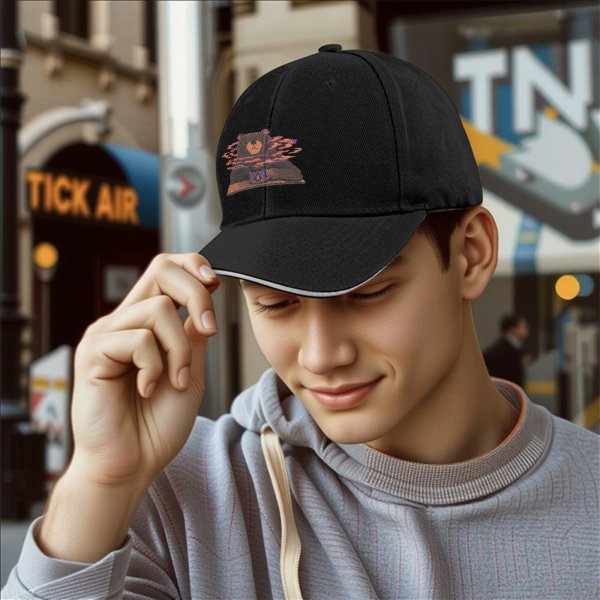 Black baseball cap with a bear holding a steaming coffee mug print