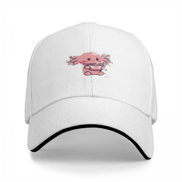 Black baseball cap with cute axolotl holding a heart mug design