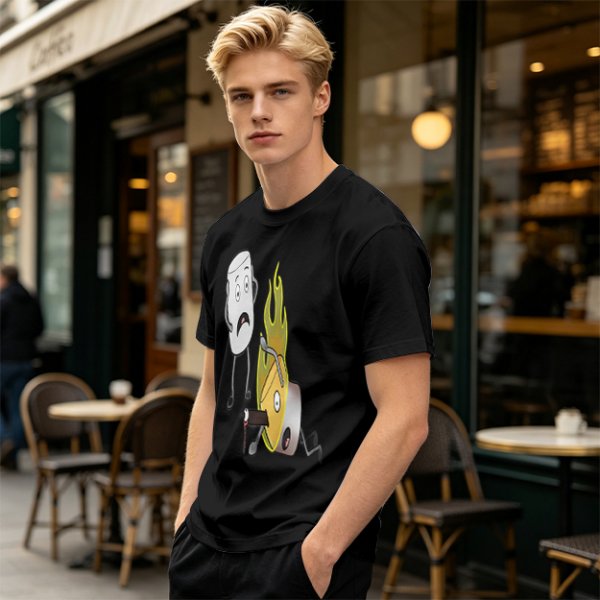 Olive T-Shirt With Cartoon Marshmallow and Burning Character Print
