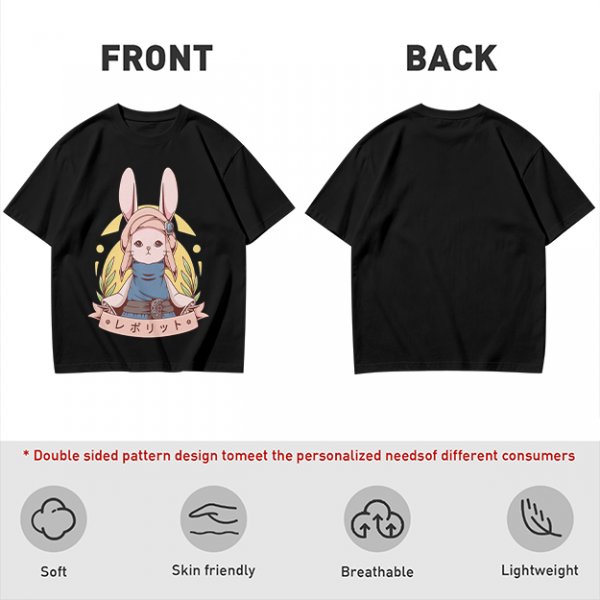 Olive T-shirt with Cute Rabbit Character and Japanese Text Print