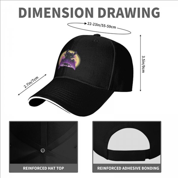 Black baseball cap with Toothless dragon and moon graphic