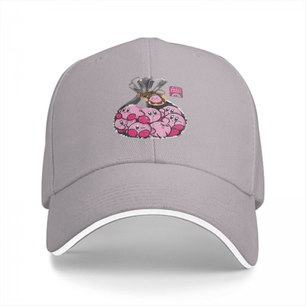 Black baseball cap with a bag of cute pink Kirby characters print