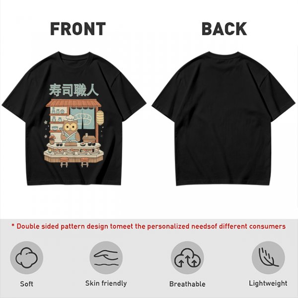 Owl sushi chef at Japanese sushi shop graphic t-shirt