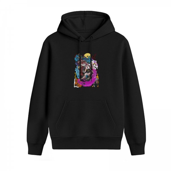 Black hoodie with vibrant anime-style graphic print