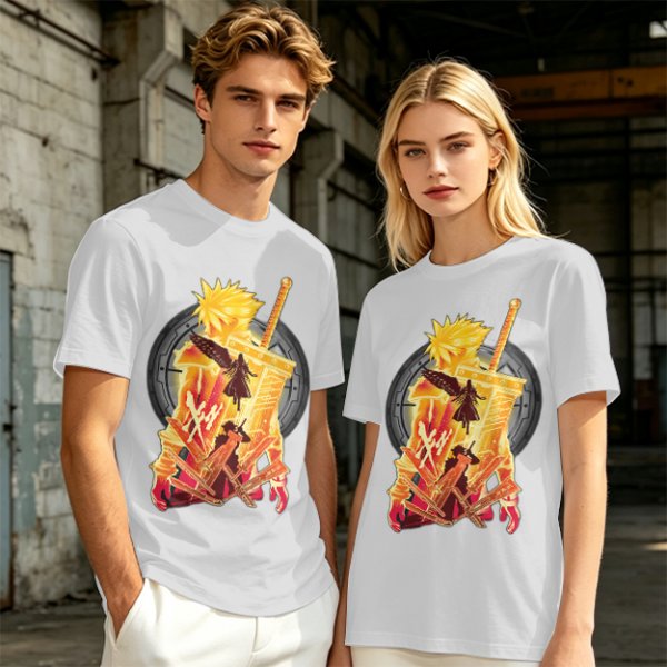 Final Fantasy VII Inspired Graphic T-Shirt with Character and Sword Art