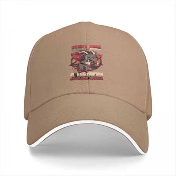 Black baseball cap with cute demon goat graphic and text