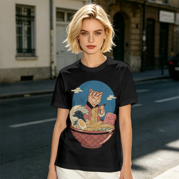 Cat Chef Eating Ramen in Great Wave Bowl T-Shirt