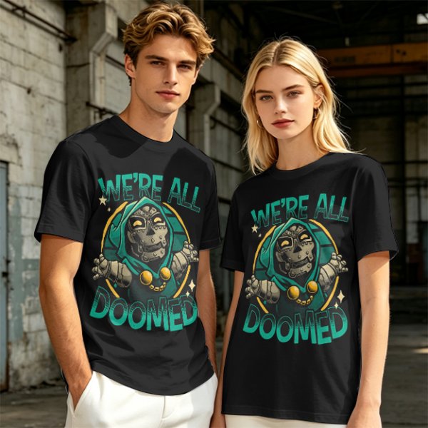 Olive T-Shirt Featuring 'We're All Doomed' and Doom Character Art