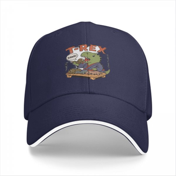 Black baseball cap with T-Rex sushi chef graphic and RAWR text