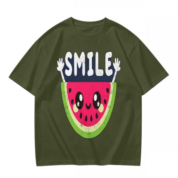 Olive T-Shirt With Cute Watermelon Graphic And Smile Text