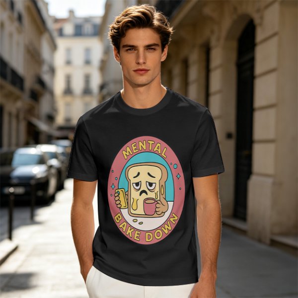 Olive T-Shirt with Sad Toast Holding Coffee and Phone Mental Bake Down Print