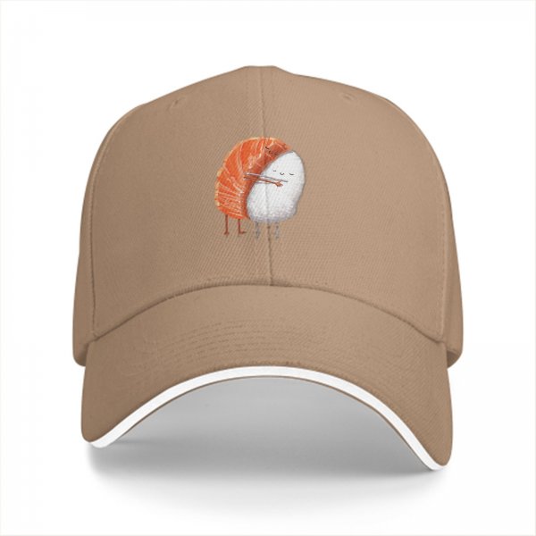 Black Baseball Cap With Cute Salmon Sushi Character Print