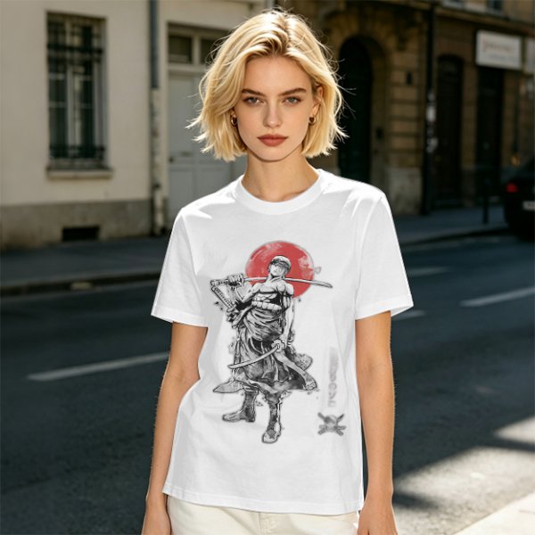 Olive T-shirt with Samurai Swordsman and Red Sun Print