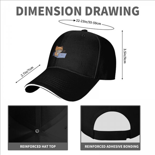 Black baseball cap with a cartoon cat working on a laptop print